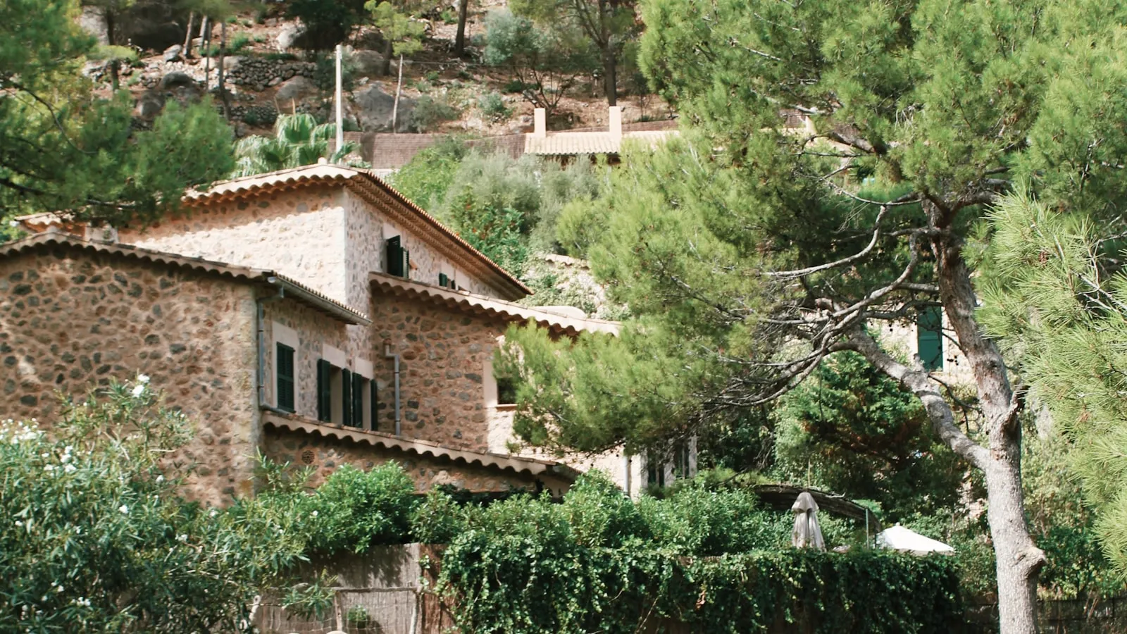 Casa de piedra mallorquina rodeada de pinos en el campo